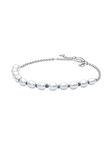 Pandora Bracelet unisexe en argent sterling avec perle d'eau douce blanche et cordon bleu. Economisez 